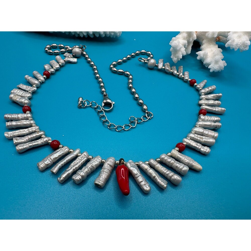 Beach style grey and red necklace, freshwater Biwa toothpick pearl and chain, 21